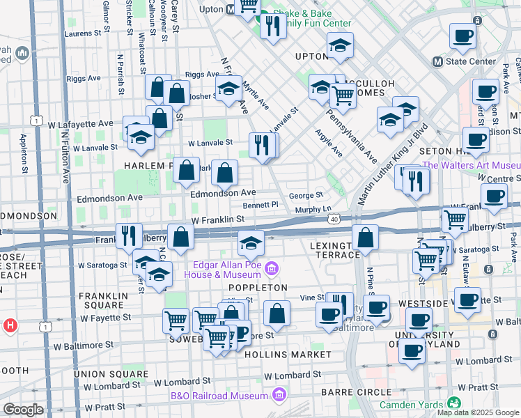 map of restaurants, bars, coffee shops, grocery stores, and more near 959 Bennett Place in Baltimore