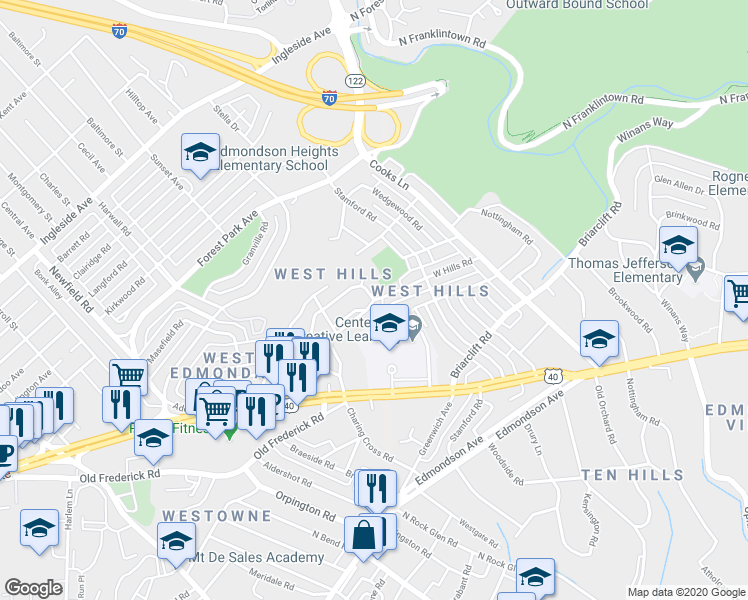 map of restaurants, bars, coffee shops, grocery stores, and more near 711 West Hills Road in Baltimore