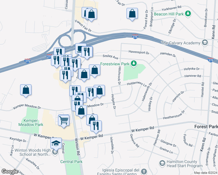 map of restaurants, bars, coffee shops, grocery stores, and more near 11789 Holgate Drive in Cincinnati