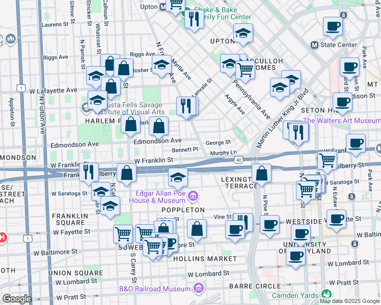 map of restaurants, bars, coffee shops, grocery stores, and more near 939 Bennett Place in Baltimore