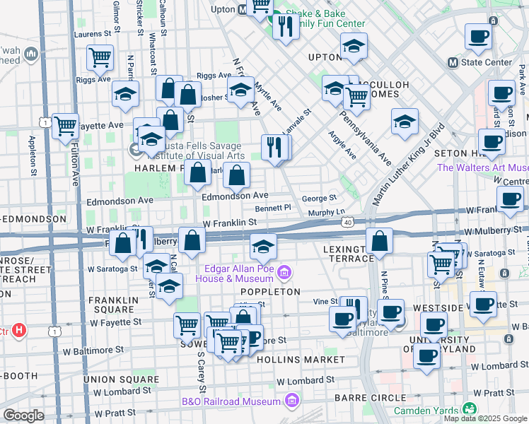 map of restaurants, bars, coffee shops, grocery stores, and more near 512 North Schroeder Street in Baltimore