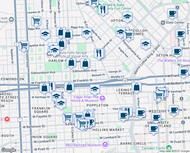 map of restaurants, bars, coffee shops, grocery stores, and more near 512 North Schroeder Street in Baltimore