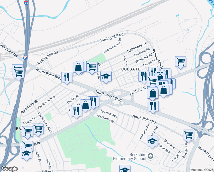 map of restaurants, bars, coffee shops, grocery stores, and more near 7735 Gough Street in Baltimore