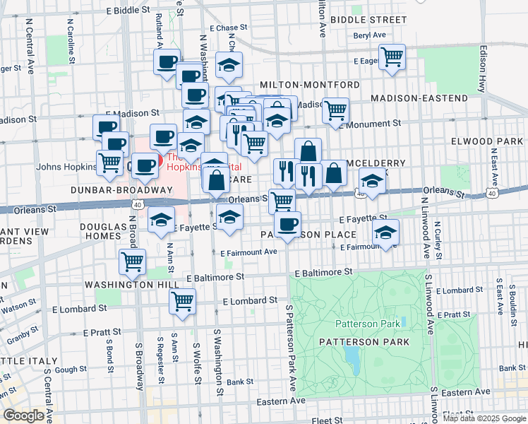 map of restaurants, bars, coffee shops, grocery stores, and more near 213 North Collington Avenue in Baltimore