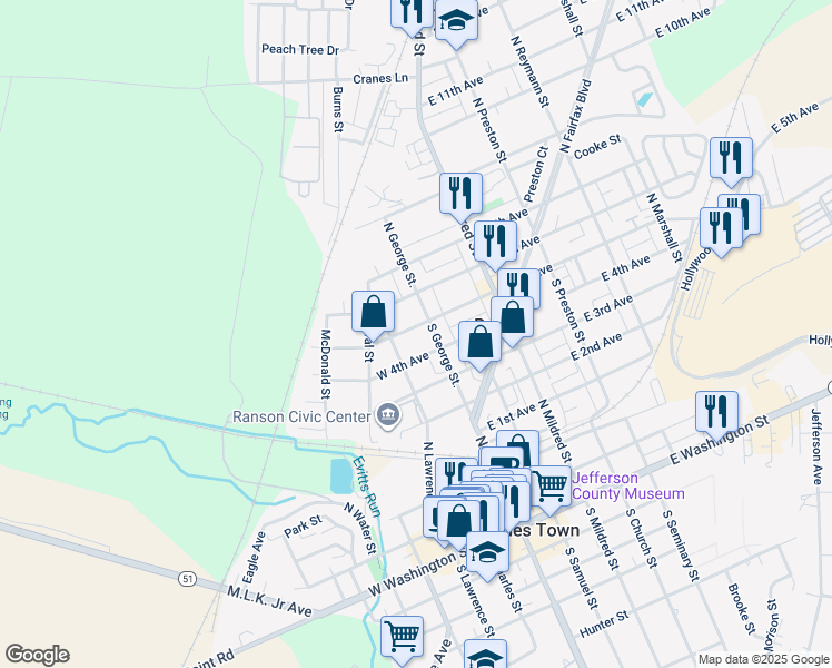 map of restaurants, bars, coffee shops, grocery stores, and more near 203 West 5th Avenue in Ranson