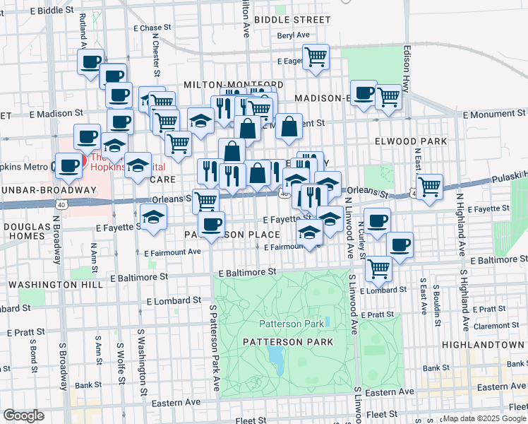 map of restaurants, bars, coffee shops, grocery stores, and more near 204 North Rose Street in Baltimore
