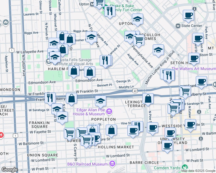 map of restaurants, bars, coffee shops, grocery stores, and more near 939 Bennett Place in Baltimore