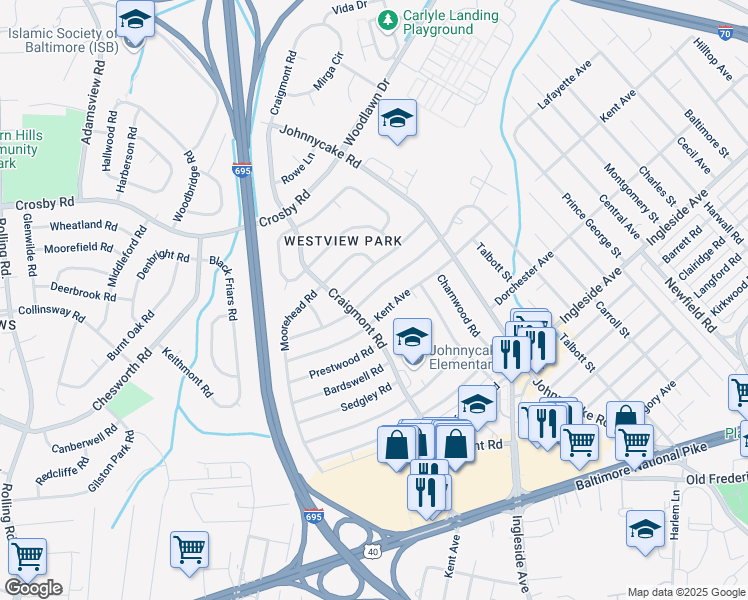 map of restaurants, bars, coffee shops, grocery stores, and more near 1007 Marksworth Road in Catonsville