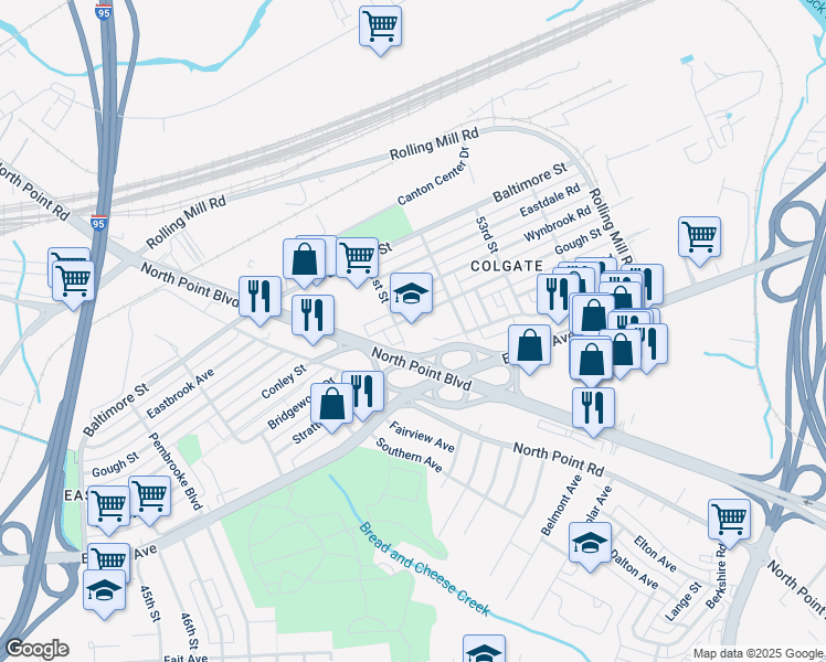 map of restaurants, bars, coffee shops, grocery stores, and more near 7735 Gough Street in Baltimore