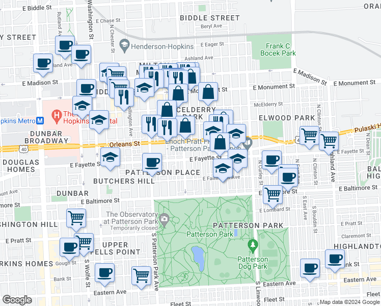 map of restaurants, bars, coffee shops, grocery stores, and more near 204 North Rose Street in Baltimore