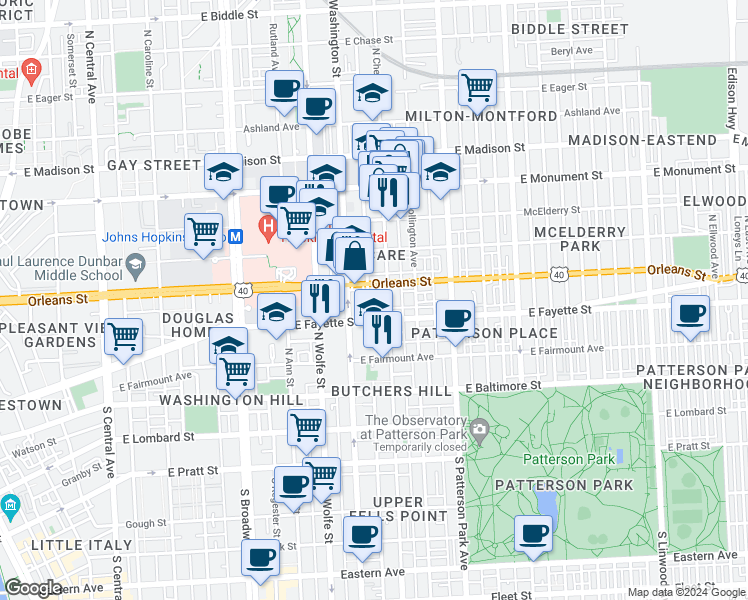 map of restaurants, bars, coffee shops, grocery stores, and more near 221 North Castle Street in Baltimore