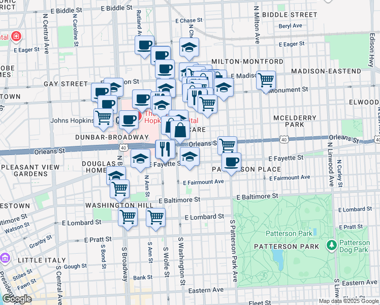 map of restaurants, bars, coffee shops, grocery stores, and more near 221 North Castle Street in Baltimore