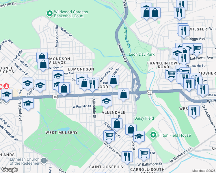 map of restaurants, bars, coffee shops, grocery stores, and more near 623 Linnard Street in Baltimore
