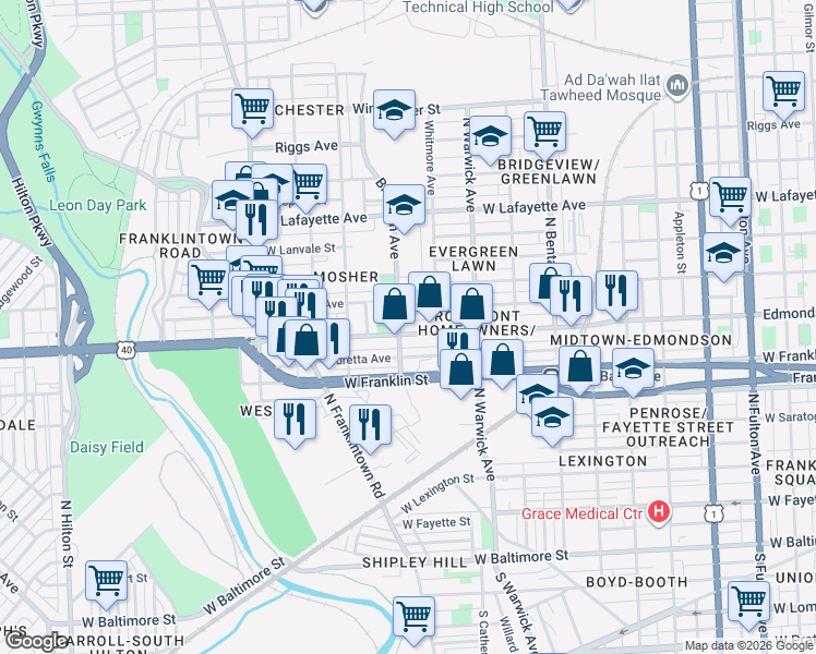 map of restaurants, bars, coffee shops, grocery stores, and more near 2586 Edmondson Avenue in Baltimore