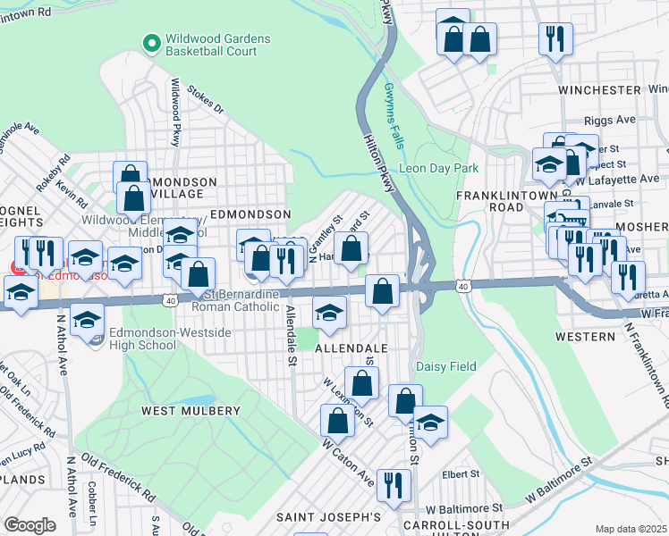 map of restaurants, bars, coffee shops, grocery stores, and more near 623 Linnard Street in Baltimore