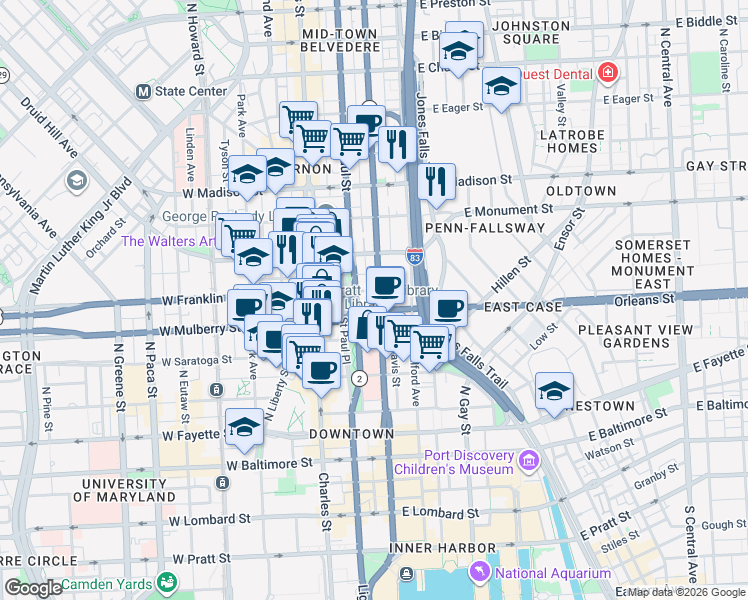 map of restaurants, bars, coffee shops, grocery stores, and more near 426 North Calvert Street in Baltimore
