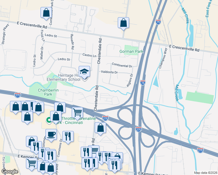 map of restaurants, bars, coffee shops, grocery stores, and more near 11921 Gulfport Drive in Cincinnati