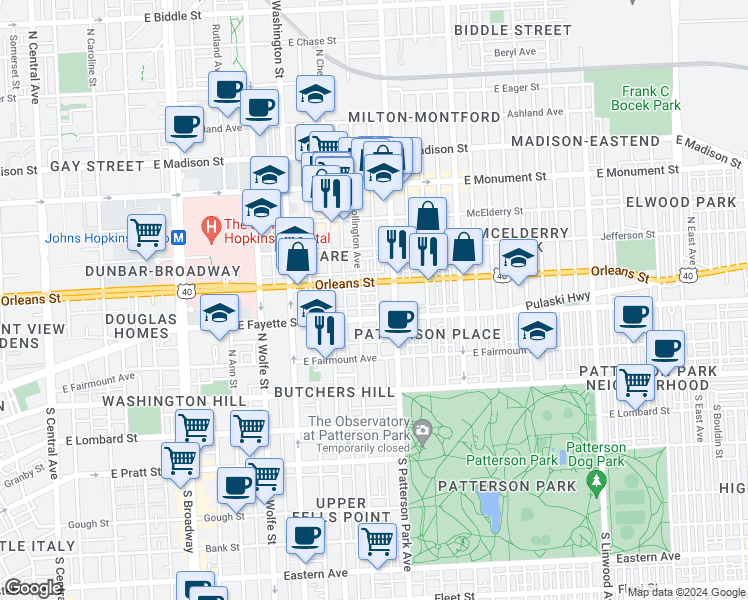 map of restaurants, bars, coffee shops, grocery stores, and more near 216 North Madeira Street in Baltimore