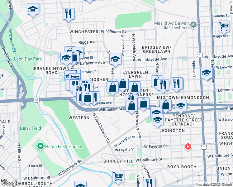 map of restaurants, bars, coffee shops, grocery stores, and more near 2586 Edmondson Avenue in Baltimore