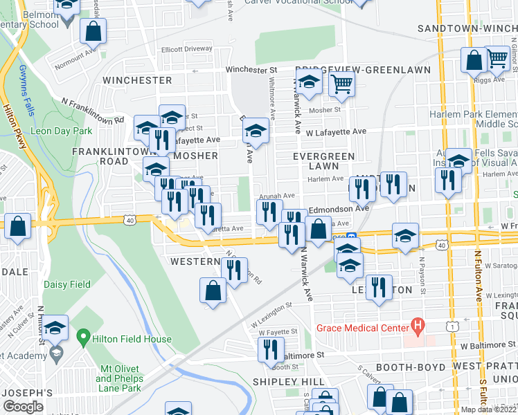 map of restaurants, bars, coffee shops, grocery stores, and more near 2584 Edmondson Ave in Baltimore
