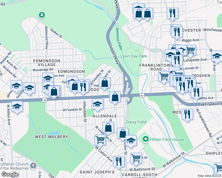 map of restaurants, bars, coffee shops, grocery stores, and more near 618 Denison Street in Baltimore