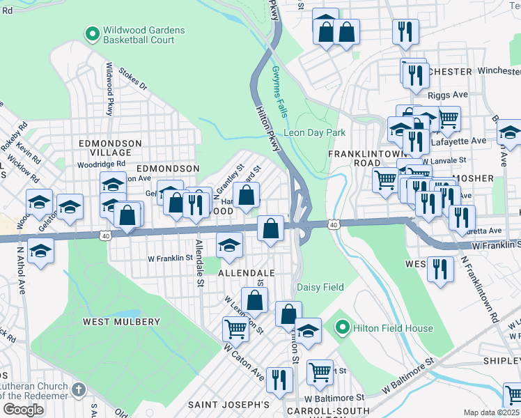 map of restaurants, bars, coffee shops, grocery stores, and more near 618 Denison Street in Baltimore