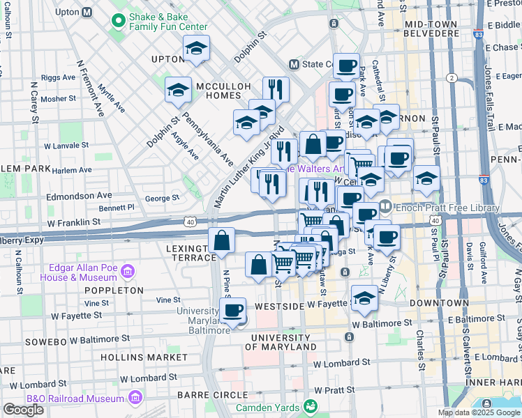 map of restaurants, bars, coffee shops, grocery stores, and more near in Baltimore
