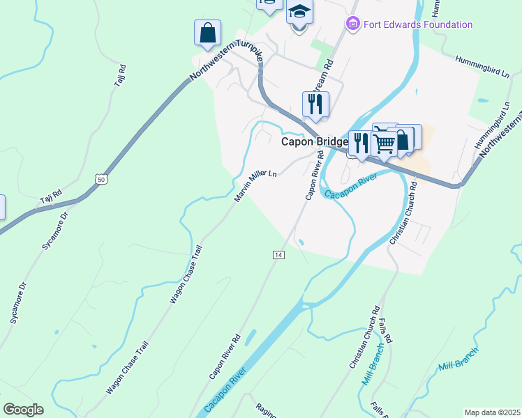 map of restaurants, bars, coffee shops, grocery stores, and more near 171 Marvin Miller Lane in Capon Bridge