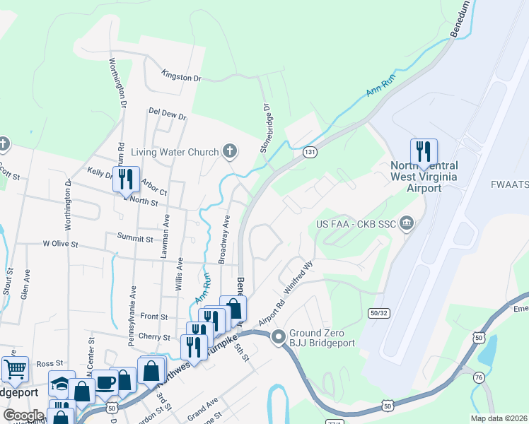 map of restaurants, bars, coffee shops, grocery stores, and more near 422 Benedum Drive in Bridgeport