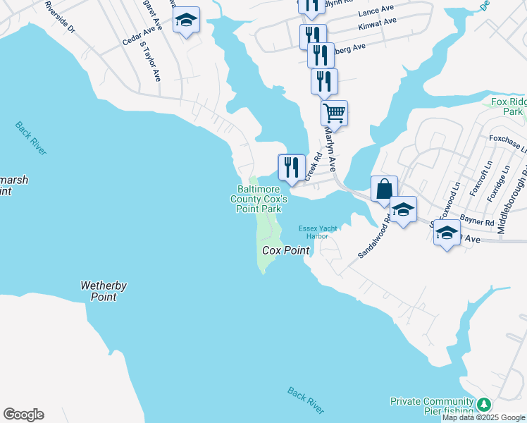 map of restaurants, bars, coffee shops, grocery stores, and more near 820 Riverside Drive in Essex