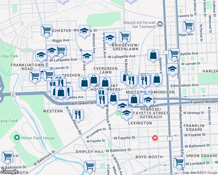 map of restaurants, bars, coffee shops, grocery stores, and more near 2434 Edmondson Avenue in Baltimore
