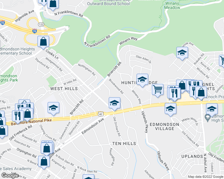 map of restaurants, bars, coffee shops, grocery stores, and more near 709 Nottingham Road in Baltimore