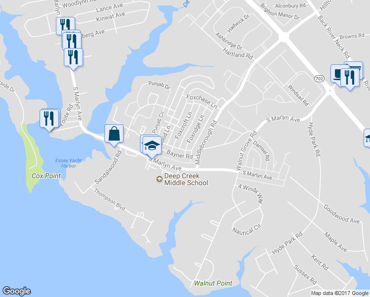 map of restaurants, bars, coffee shops, grocery stores, and more near 920 Foxridge Lane in Essex