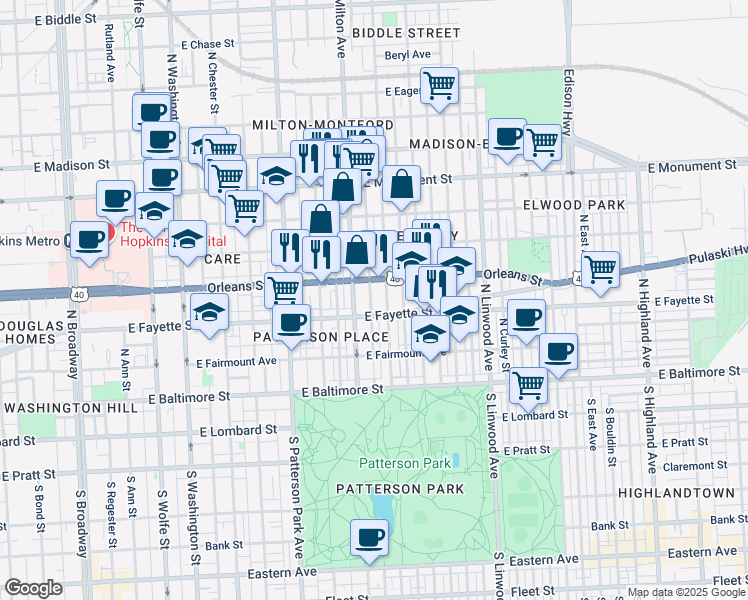 map of restaurants, bars, coffee shops, grocery stores, and more near 213 North Rose Street in Baltimore