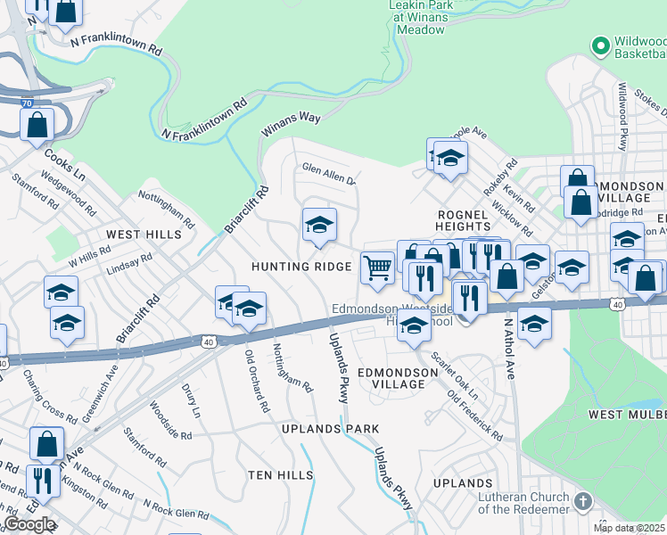 map of restaurants, bars, coffee shops, grocery stores, and more near 605 Dryden Drive in Baltimore