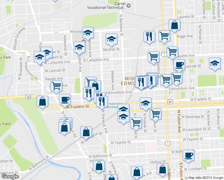 map of restaurants, bars, coffee shops, grocery stores, and more near 2402 Edmondson Avenue in Baltimore