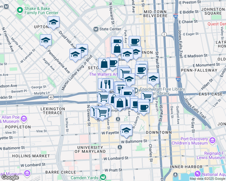 map of restaurants, bars, coffee shops, grocery stores, and more near 306 West Franklin Street in Baltimore