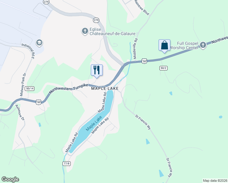 map of restaurants, bars, coffee shops, grocery stores, and more near 1457 Maple Lake Road in Bridgeport