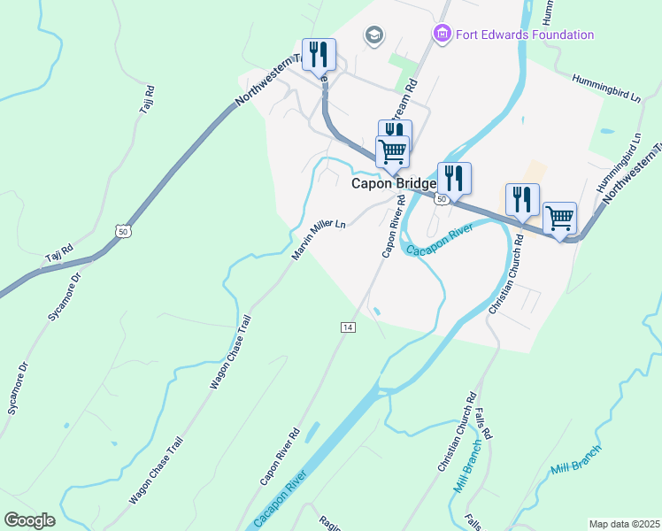 map of restaurants, bars, coffee shops, grocery stores, and more near 171 Marvin Miller Lane in Capon Bridge