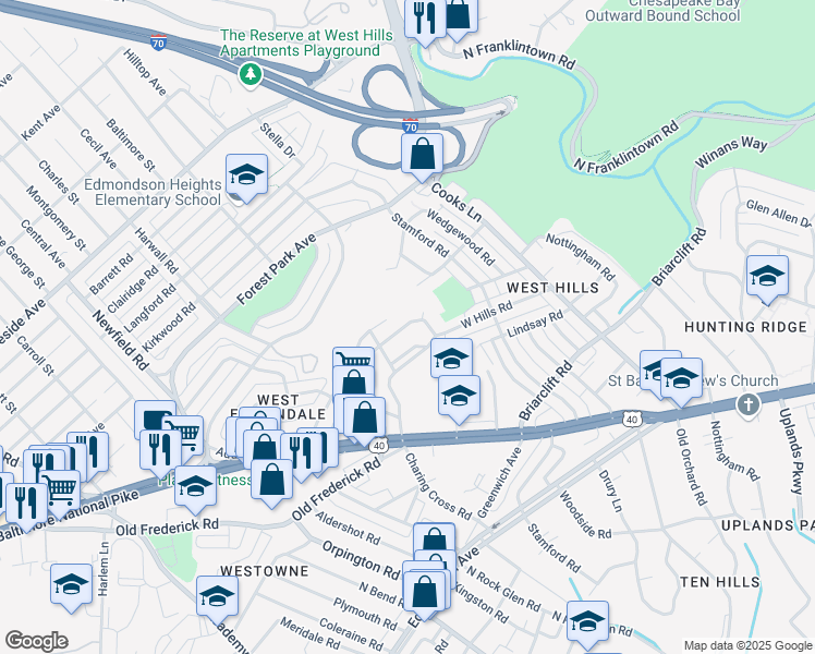 map of restaurants, bars, coffee shops, grocery stores, and more near 765 Charing Cross Road in Baltimore