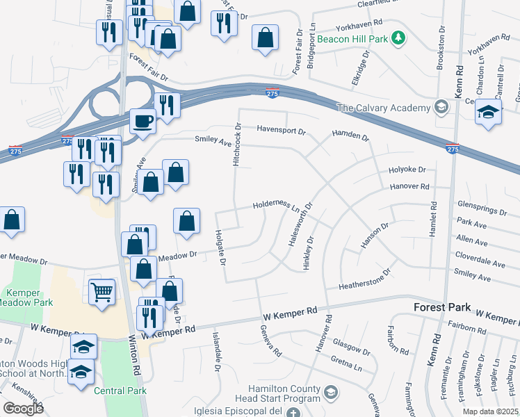 map of restaurants, bars, coffee shops, grocery stores, and more near 962 Kemper Meadow Drive in Cincinnati