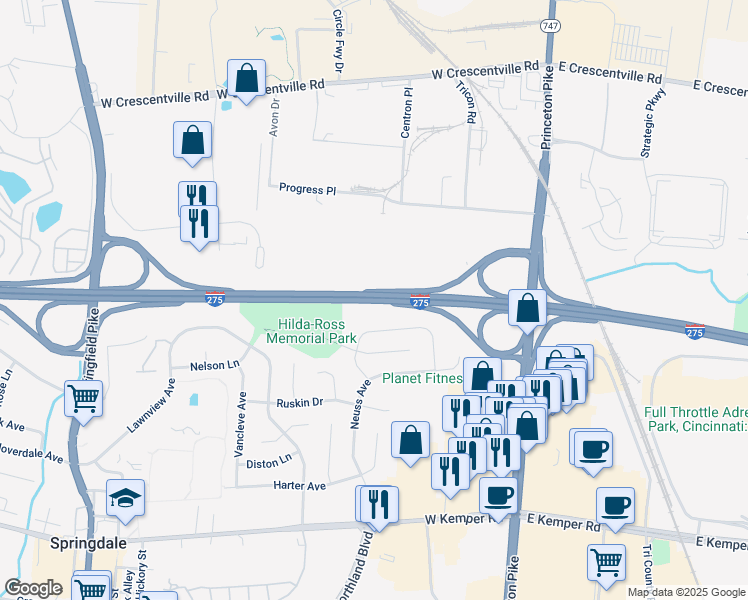map of restaurants, bars, coffee shops, grocery stores, and more near Interstate 275 in Springdale