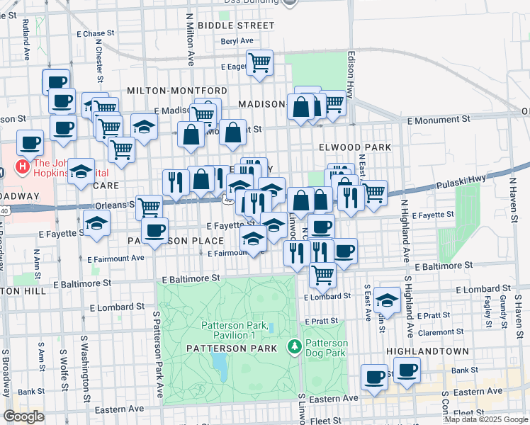 map of restaurants, bars, coffee shops, grocery stores, and more near 206 North Kenwood Avenue in Baltimore