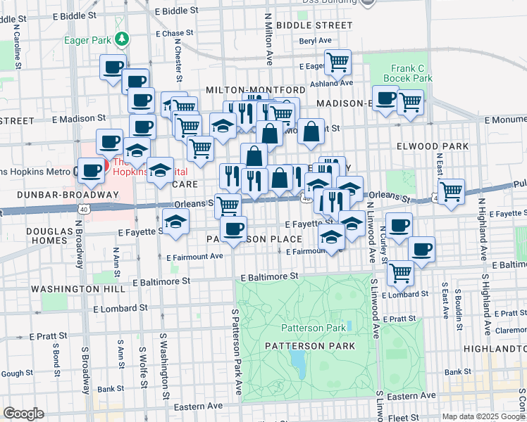 map of restaurants, bars, coffee shops, grocery stores, and more near 224 North Port Street in Baltimore