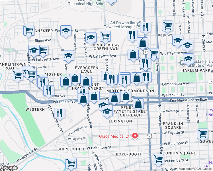 map of restaurants, bars, coffee shops, grocery stores, and more near 2302 Edmondson Avenue in Baltimore