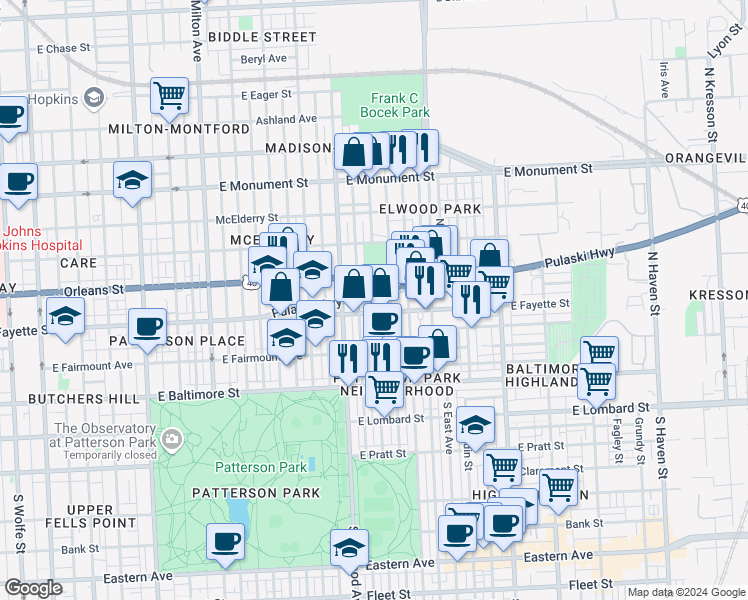 map of restaurants, bars, coffee shops, grocery stores, and more near 2935 Pulaski Highway in Baltimore