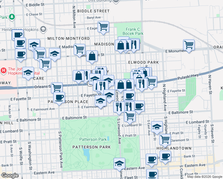 map of restaurants, bars, coffee shops, grocery stores, and more near 2806 Pulaski Highway in Baltimore