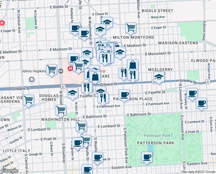 map of restaurants, bars, coffee shops, grocery stores, and more near 232 North Duncan Street in Baltimore