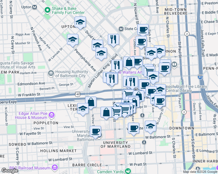 map of restaurants, bars, coffee shops, grocery stores, and more near 512 Pennsylvania Avenue in Baltimore