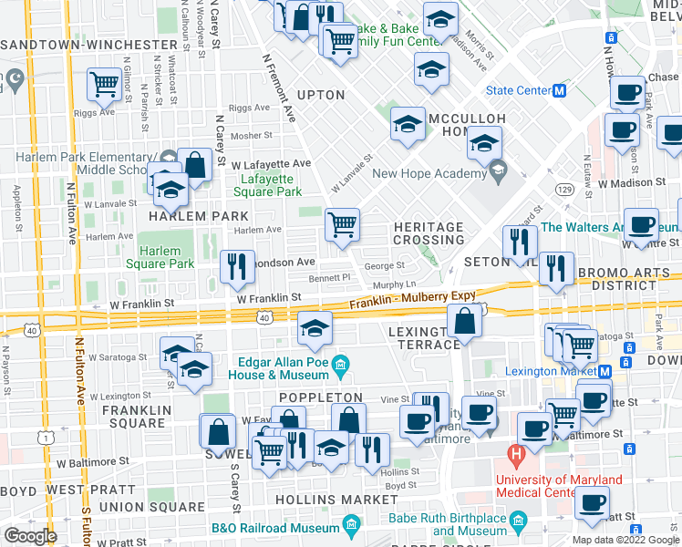 map of restaurants, bars, coffee shops, grocery stores, and more near 926 Bennett Place in Baltimore